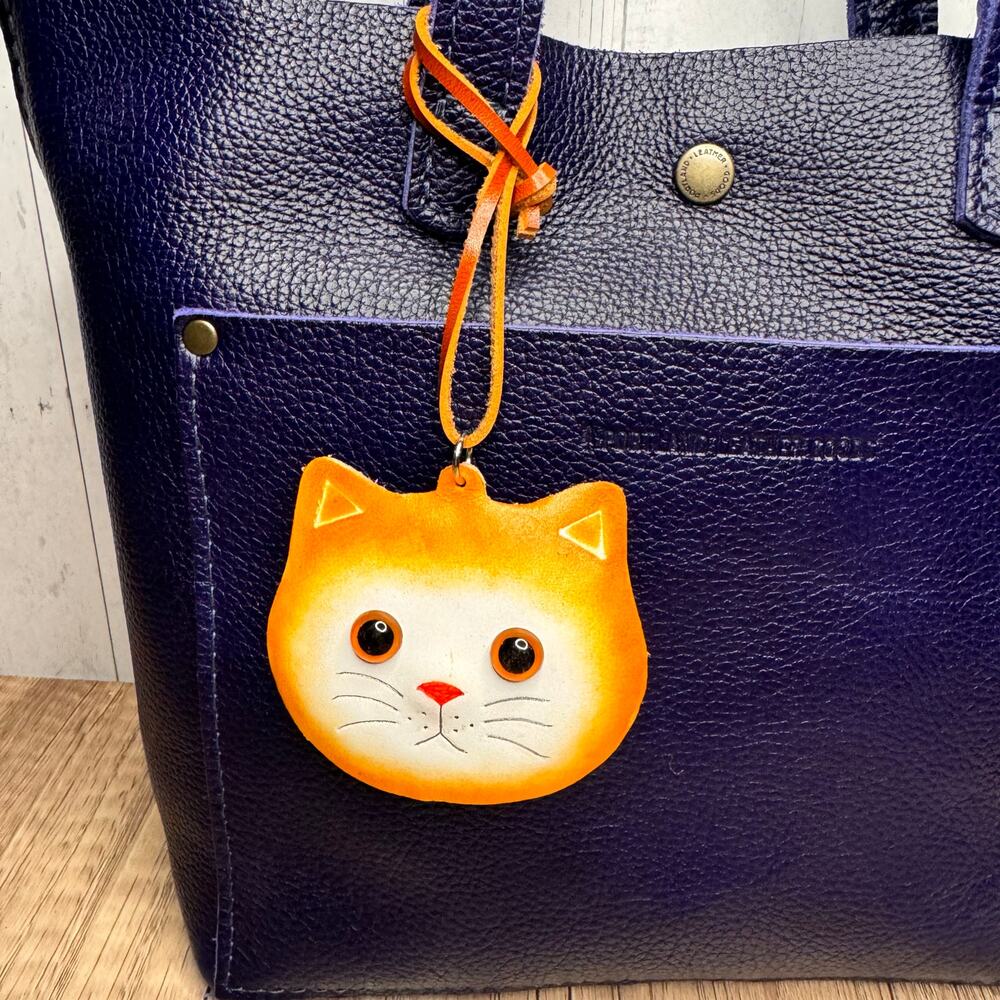 Genuine Leather Ginger Cat Purse Charm Leather Hand Painted  Orange Bag Charm